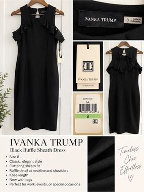Ivanka Trump Black Ruffle-Trim Sheath Midi Dress